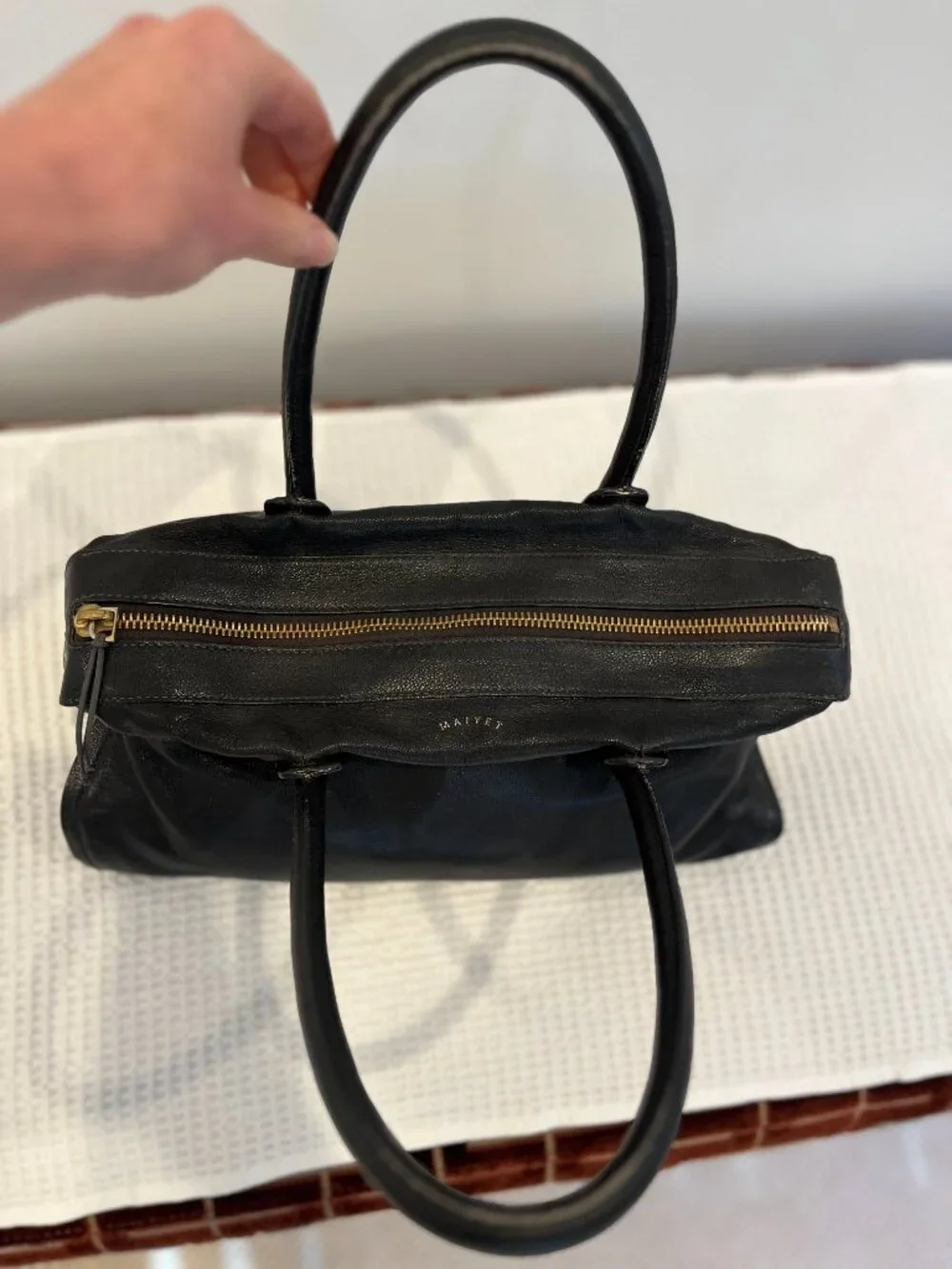 Black Leather Maiyet Bag with Detachable Shoulder Strap